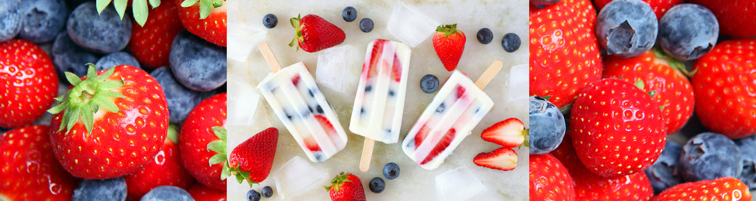 Paletas heladas de fresa y blueberry liofilizados